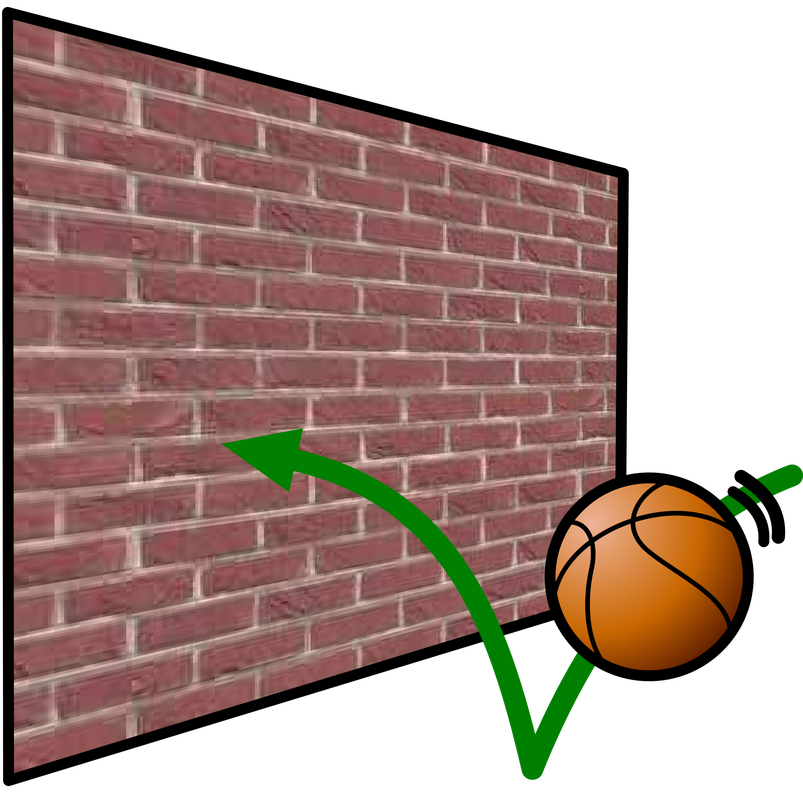 a basketball bouncing against a brick wall